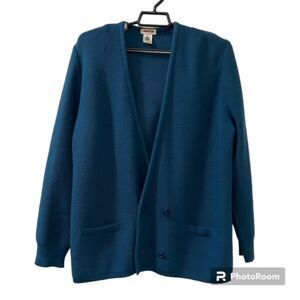 VTG Rodier Teal Blue Wool Blend LS Padded Button Cardigan Sweater Size Large
